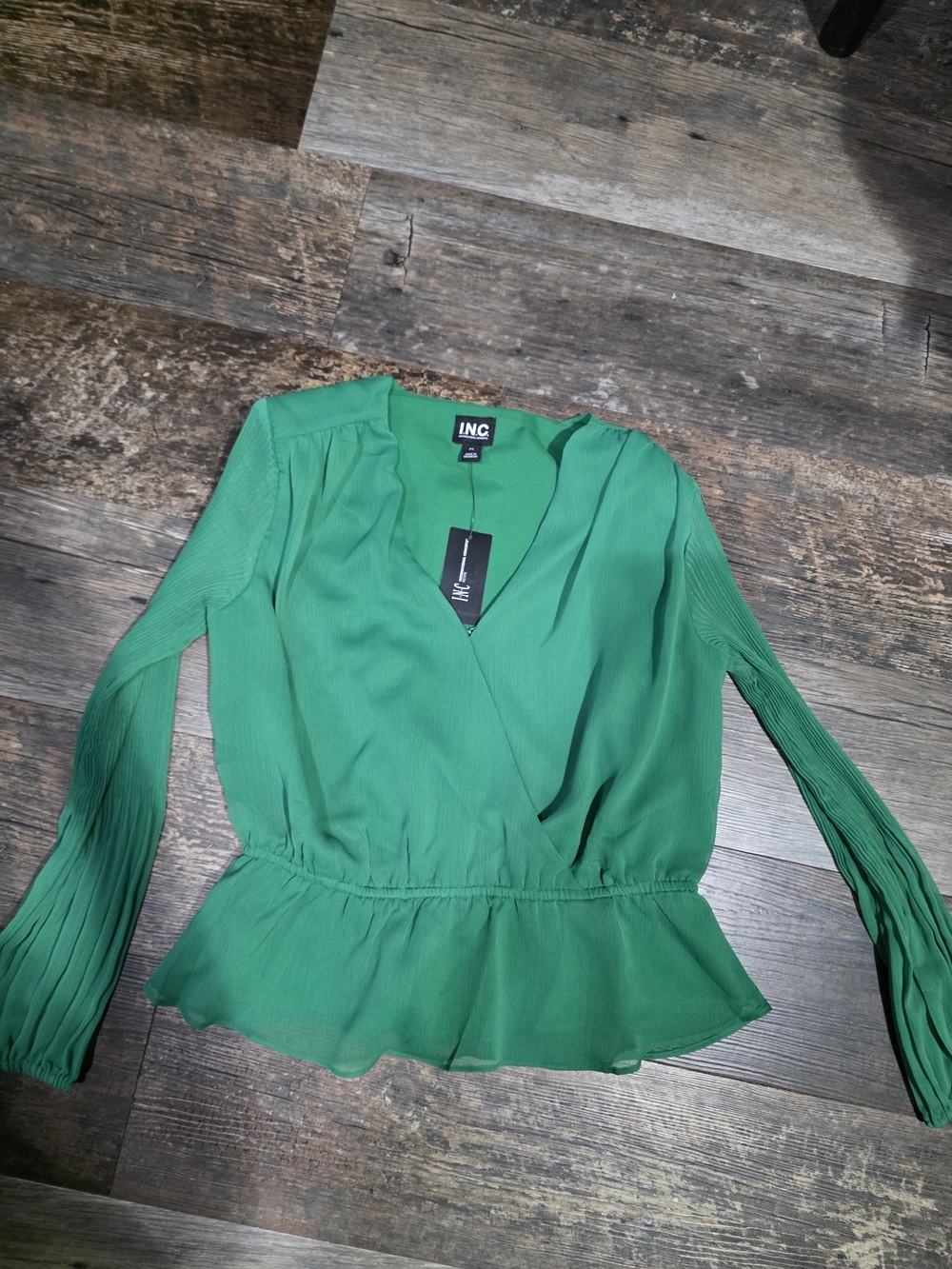 INC International Concepts Emerald Green Wrap Peplum Blouse